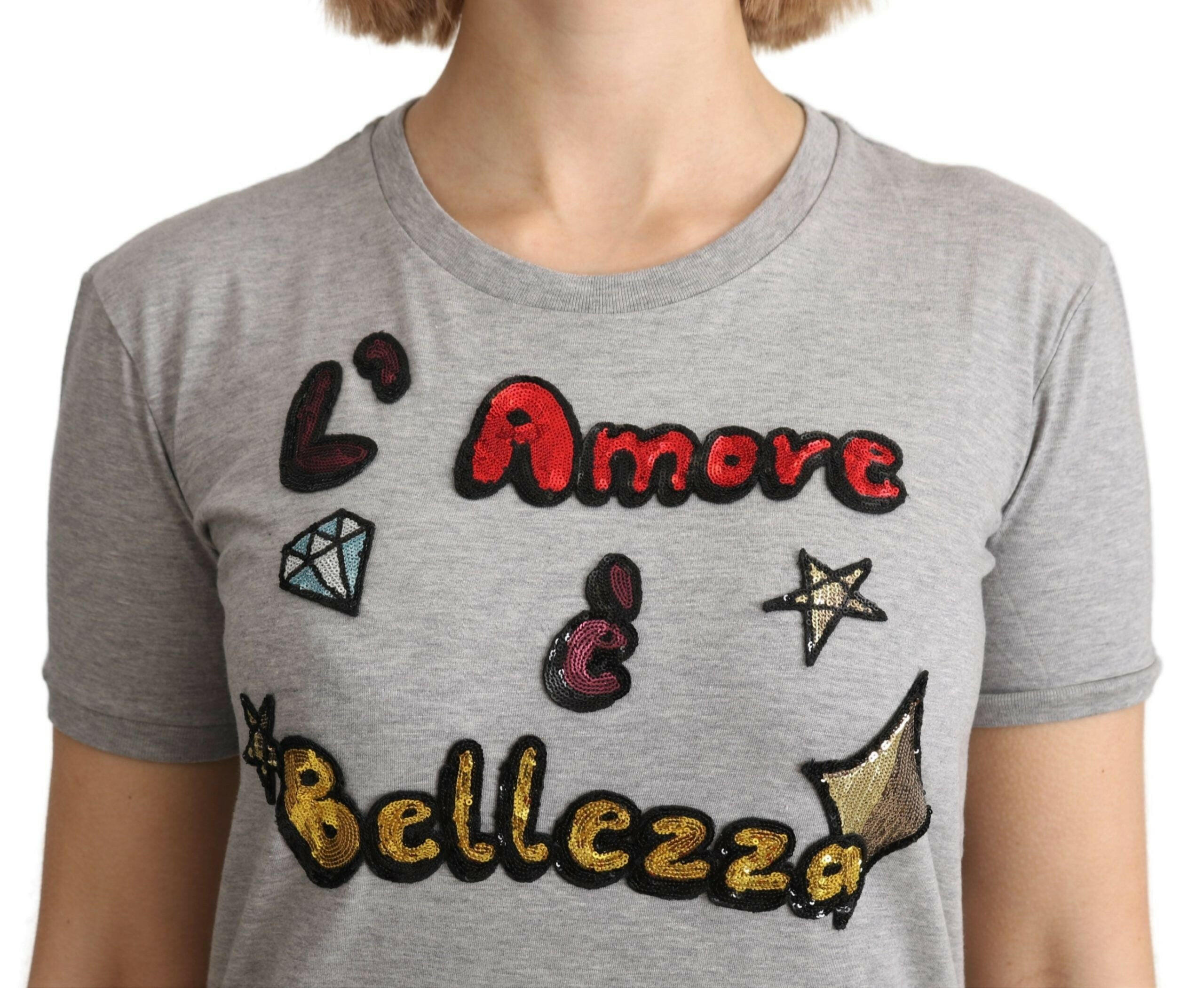 Dolce & Gabbana Gray Cotton Amore e Bellezza Top T-shirt -   -  Dolce & Gabbana. Dolce & Gabbana Gray Cotton Amore e Bellezza Top T-shirt -   -  Dolce & Gabbana.