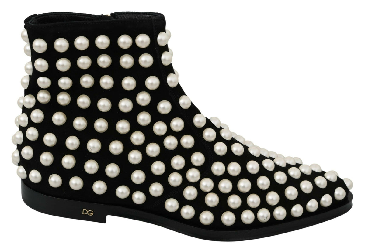 Dolce & Gabbana Black Suede Pearl Studs Boots Shoes -   -  Dolce & Gabbana.
