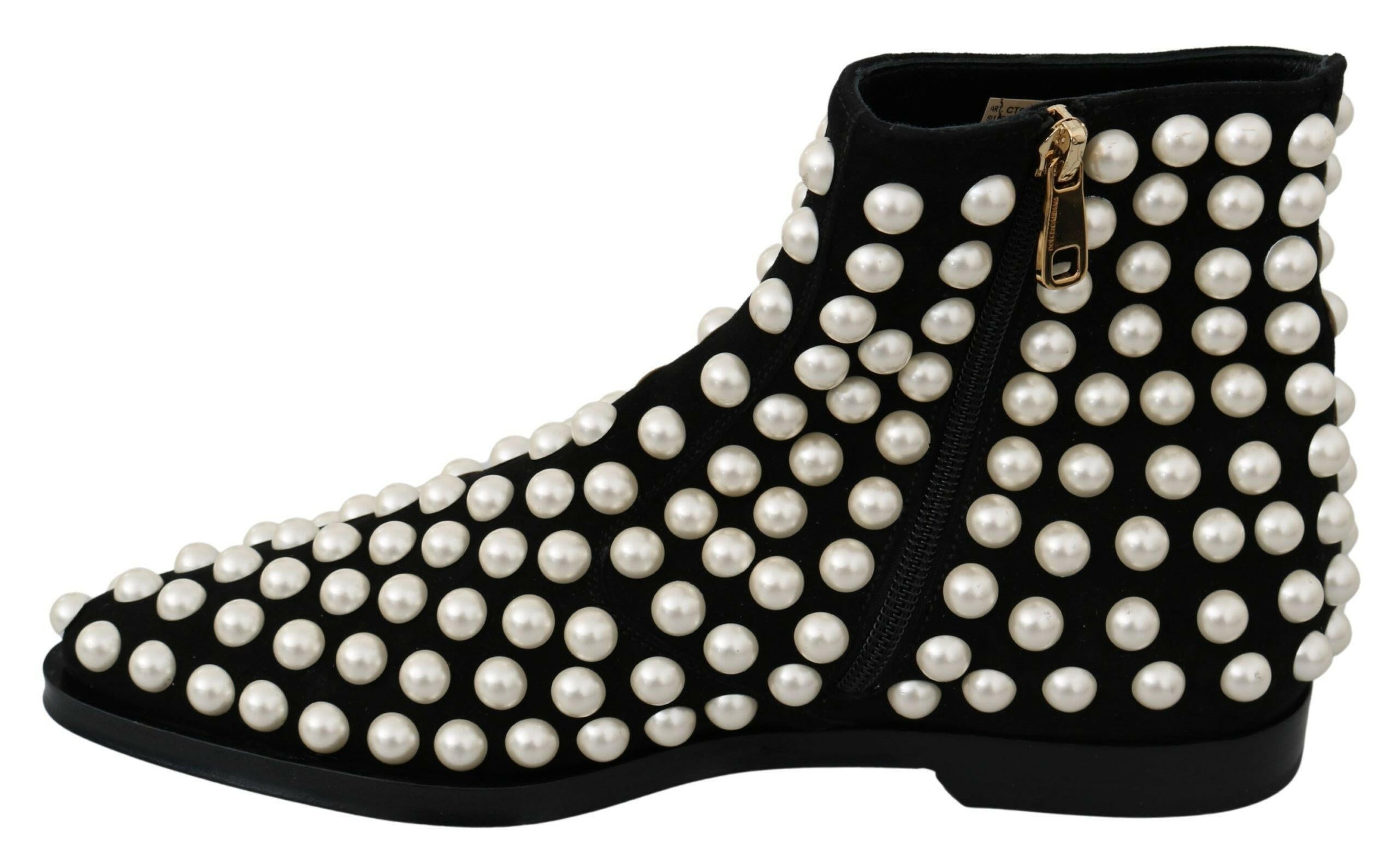 Dolce & Gabbana Black Suede Pearl Studs Boots Shoes -   -  Dolce & Gabbana. Dolce & Gabbana Black Suede Pearl Studs Boots Shoes -   -  Dolce & Gabbana.