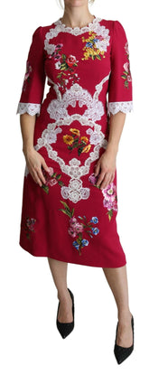 Dolce & Gabbana Red Floral Embroidered Sheath Midi Dress -   -  Dolce & Gabbana.
