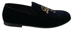 Dolce & Gabbana Blue Velvet Gold Logo Slipper Loafers Shoes -   -  Dolce & Gabbana.