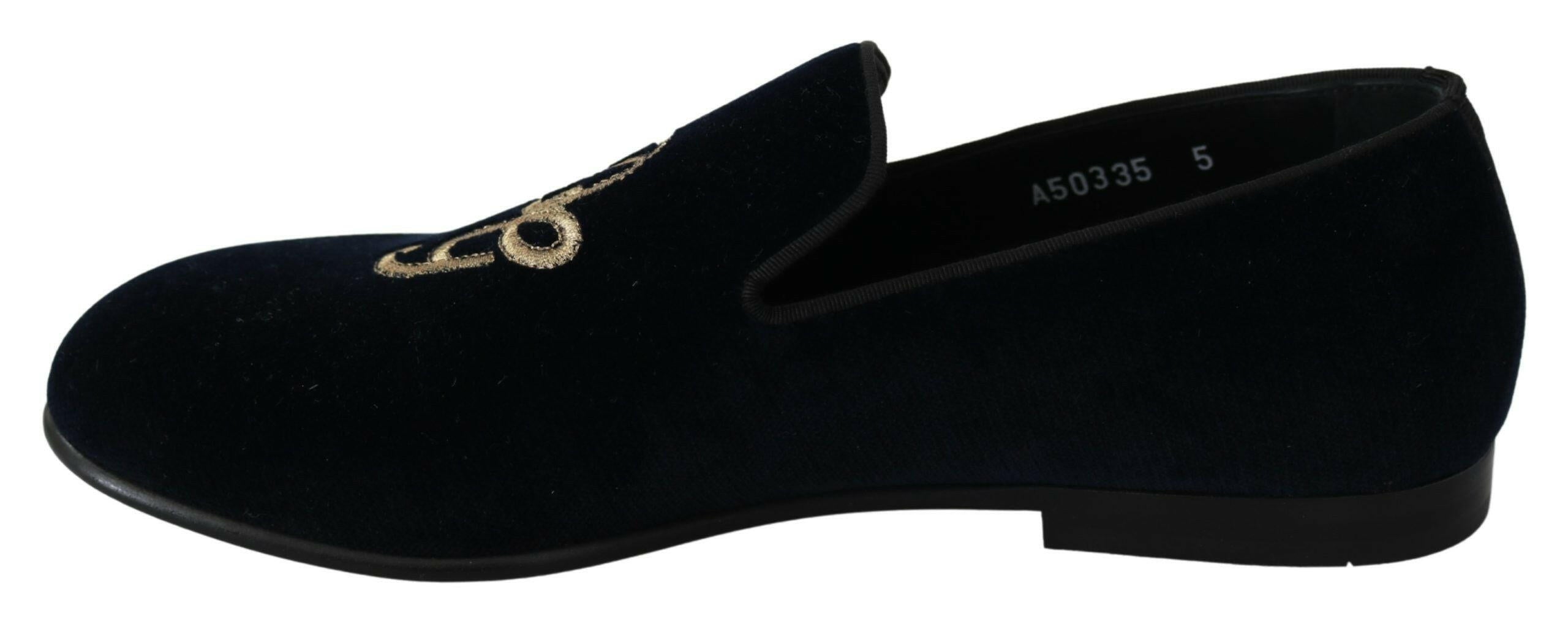 Dolce & Gabbana Blue Velvet Gold Logo Slipper Loafers Shoes -   -  Dolce & Gabbana. Dolce & Gabbana Blue Velvet Gold Logo Slipper Loafers Shoes -   -  Dolce & Gabbana.