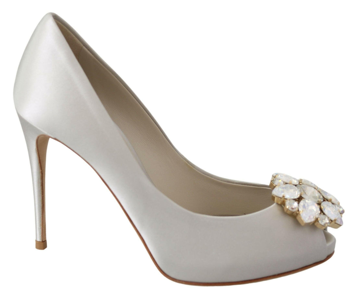 Dolce & Gabbana White Crystals Peep Toe Heels Satin Pumps Shoes -   -  Dolce & Gabbana.