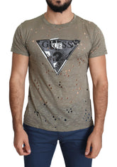 Guess Brown Cotton Stretch Logo Print Men Casual Perforated T-shirt -   -  Guess.