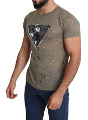 Guess Brown Cotton Stretch Logo Print Men Casual Perforated T-shirt -   -  Guess.