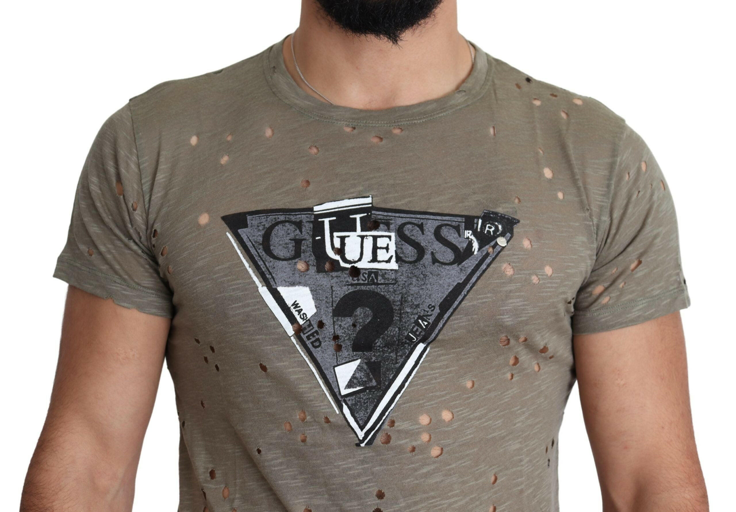 Guess Brown Cotton Stretch Logo Print Men Casual Perforated T-shirt -   -  Guess. Guess Brown Cotton Stretch Logo Print Men Casual Perforated T-shirt -   -  Guess.