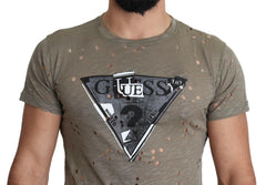 Guess Brown Cotton Stretch Logo Print Men Casual Perforated T-shirt -   -  Guess.