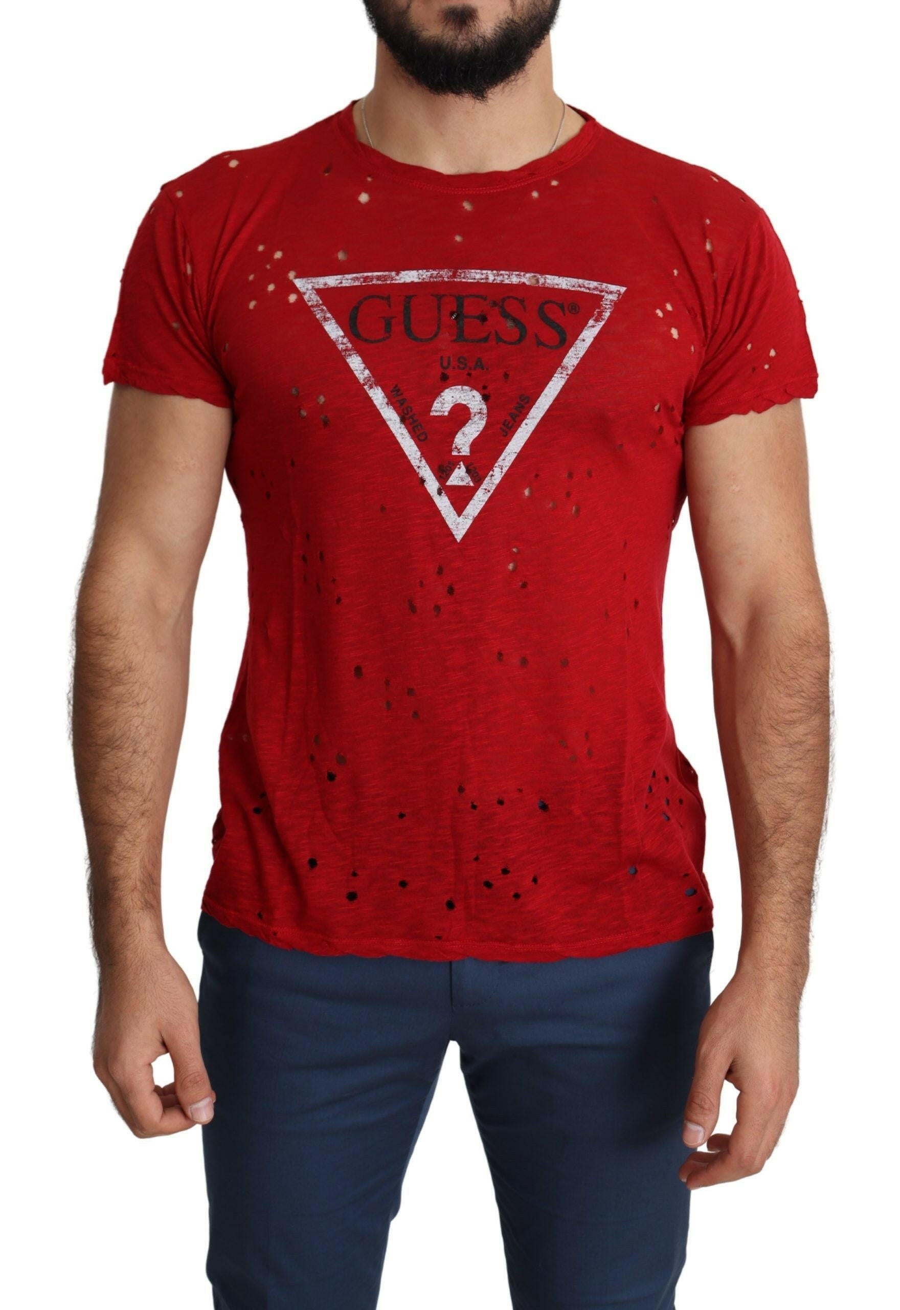 Guess Red Cotton Logo Print Men Casual Top Perforated T-shirt -   -  Guess.
