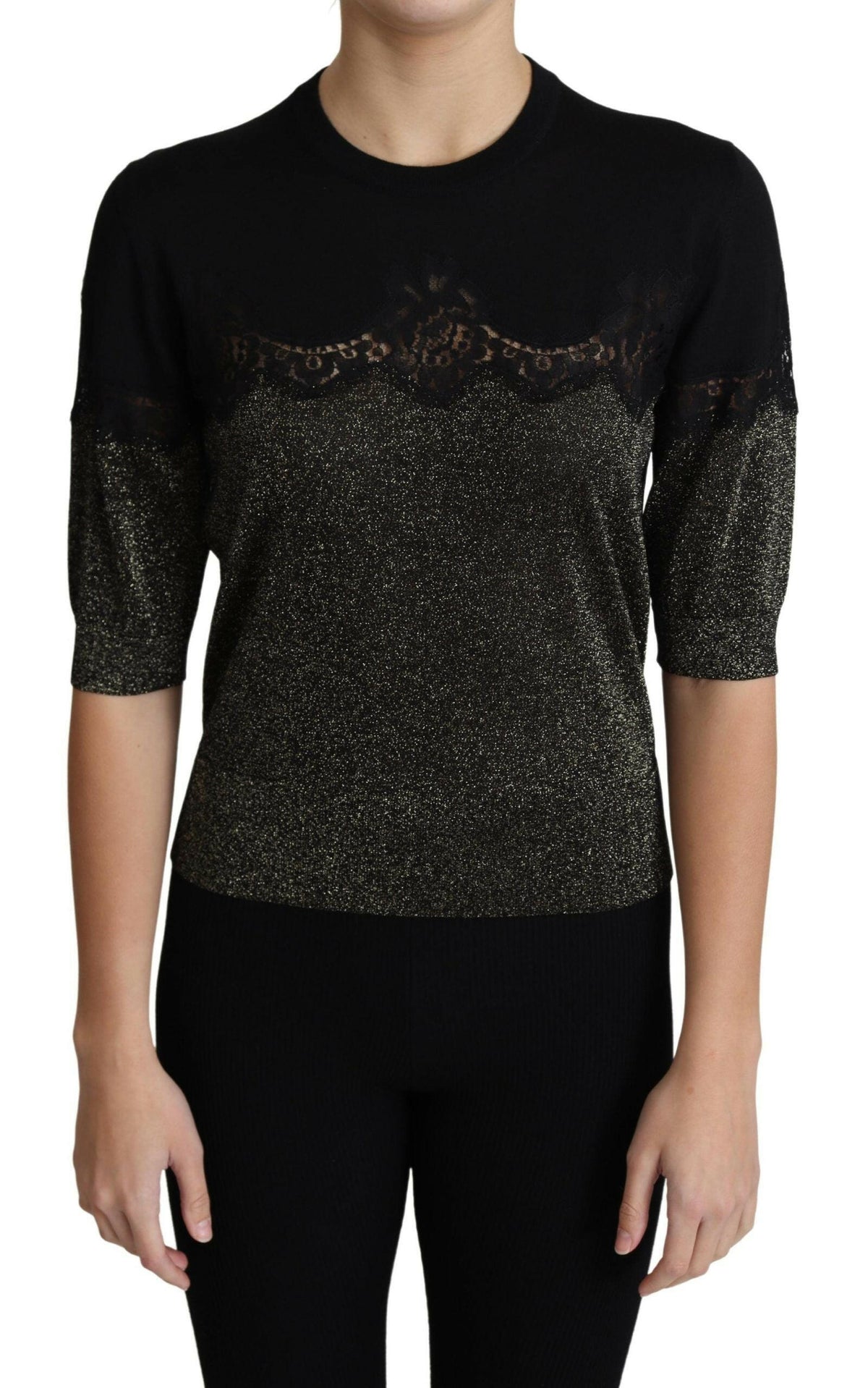 Dolce & Gabbana Black Shiny Lurex Lace Insert Pullover Top -   -  Dolce & Gabbana.