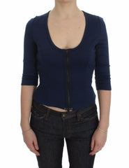 Exte Blue Cotton Top Zipper Deep Crew-neck Sweater - - Exte.