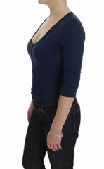 Exte Blue Cotton Top Zipper Deep Crew-neck Sweater - - Exte.