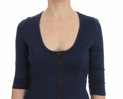 Exte Blue Cotton Top Zipper Deep Crew-neck Sweater - - Exte.