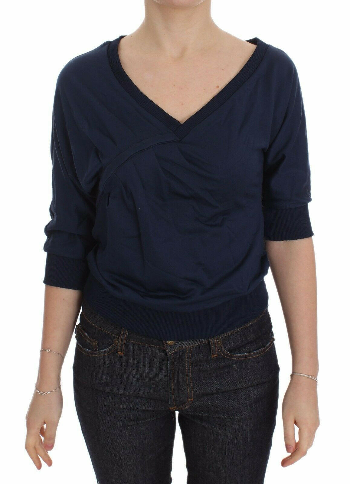 Exte Blue Cotton Top Pullover Deep V-neck Women Sweater -   -  Exte.