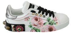 Dolce & Gabbana White Leather Crystal Roses Floral Sneakers Shoes -   -  Dolce & Gabbana.