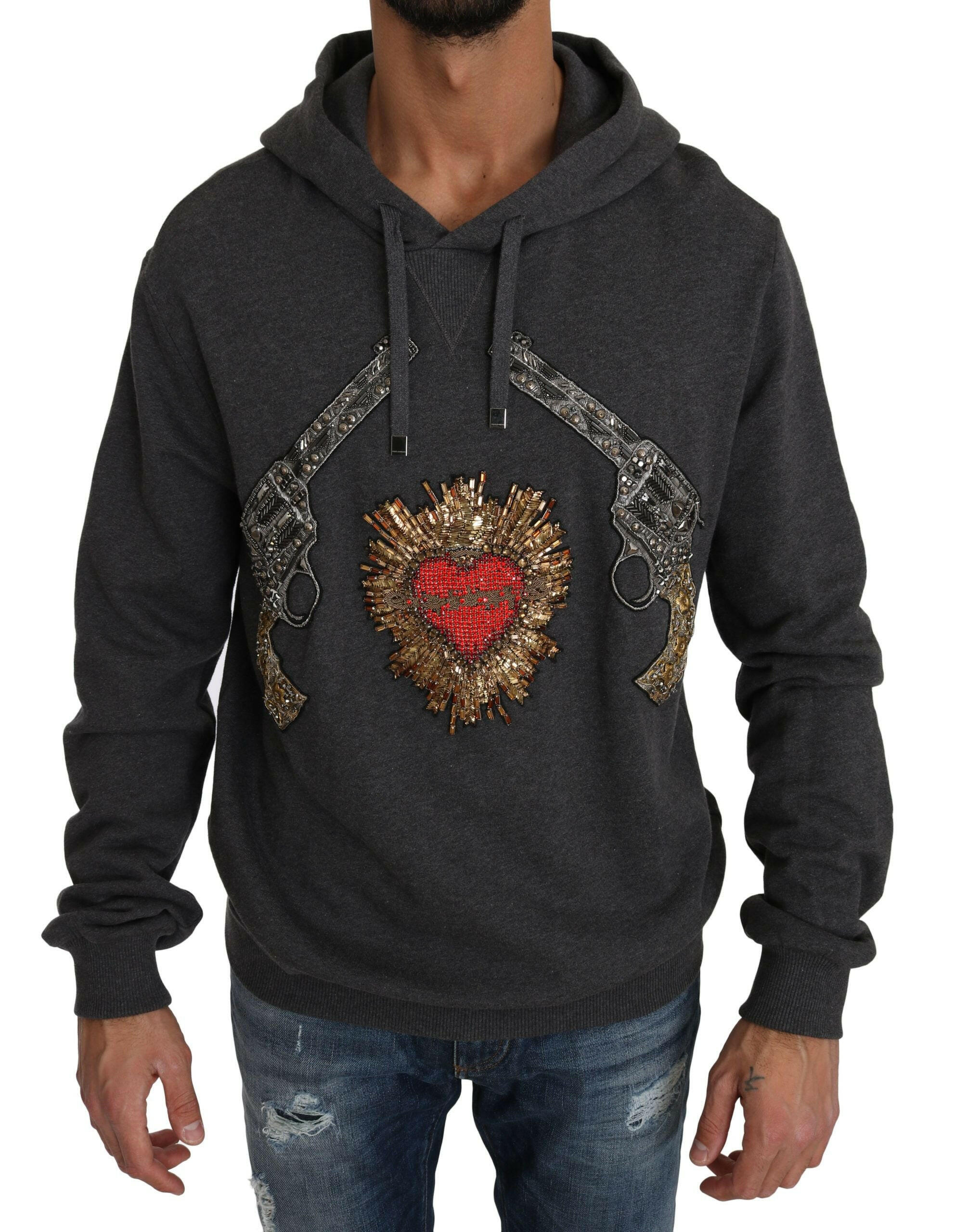 Dolce & Gabbana Gray Hooded Red Crystal Heart Gun Sweater -   -  Dolce & Gabbana.