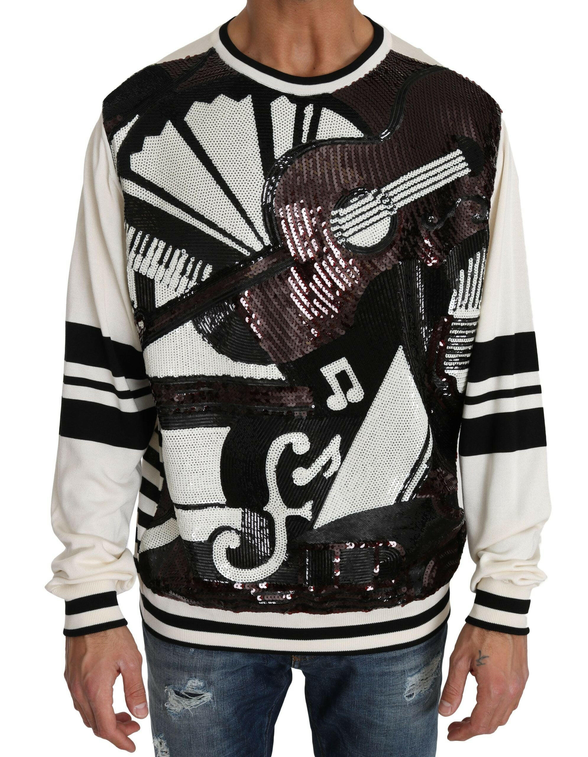 Dolce & Gabbana White Jazz Sequined Guitar Pullover Top Sweater -   -  Dolce & Gabbana.