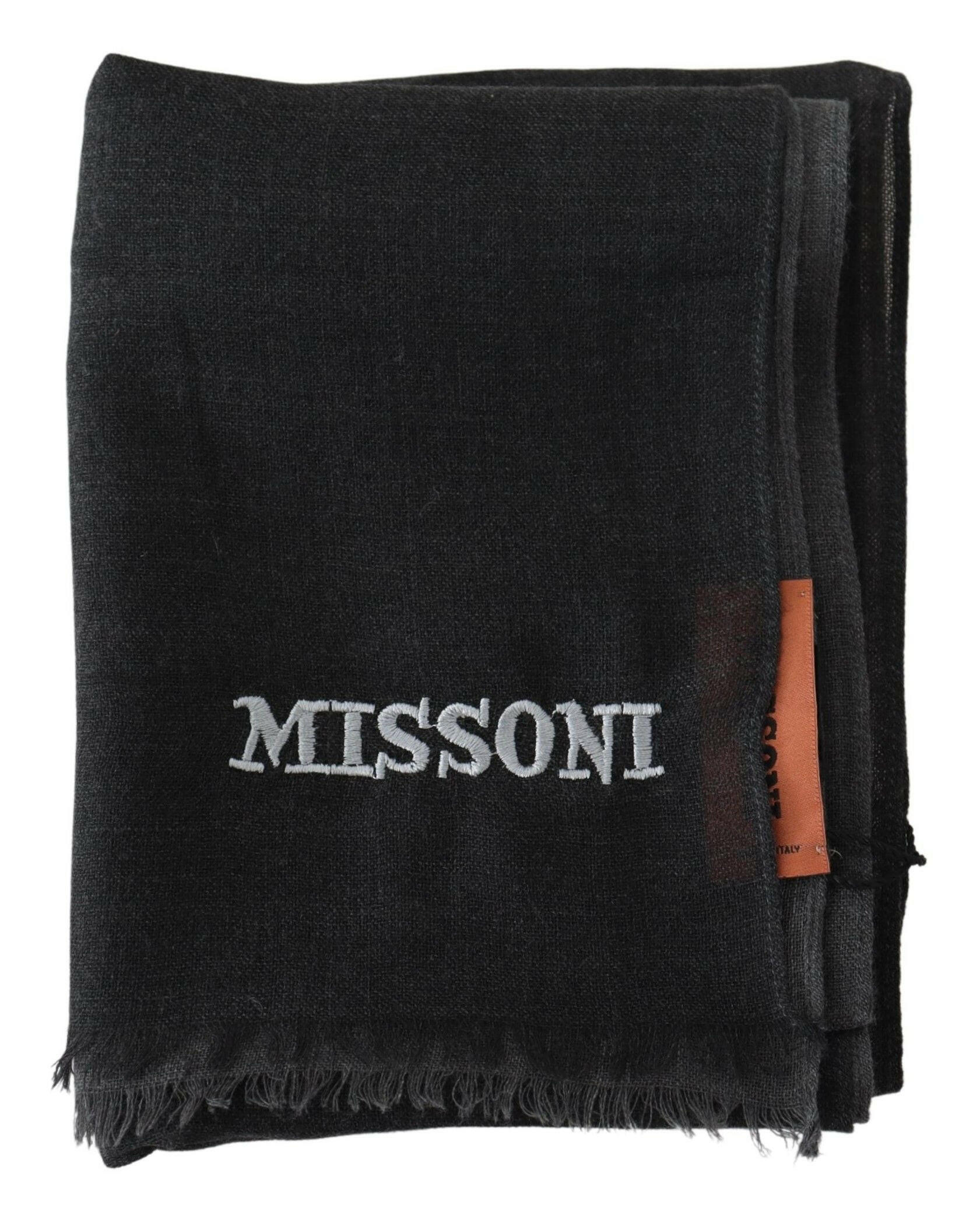 Missoni Black Wool Unisex Neck Wrap Shawl Fringes Logo Scarf -   -  Missoni. Missoni Black Wool Unisex Neck Wrap Shawl Fringes Logo Scarf -   -  Missoni.