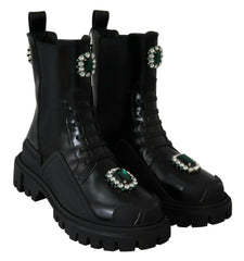 Dolce & Gabbana Black Leather Crystal Combat Boots -   -  Dolce & Gabbana.
