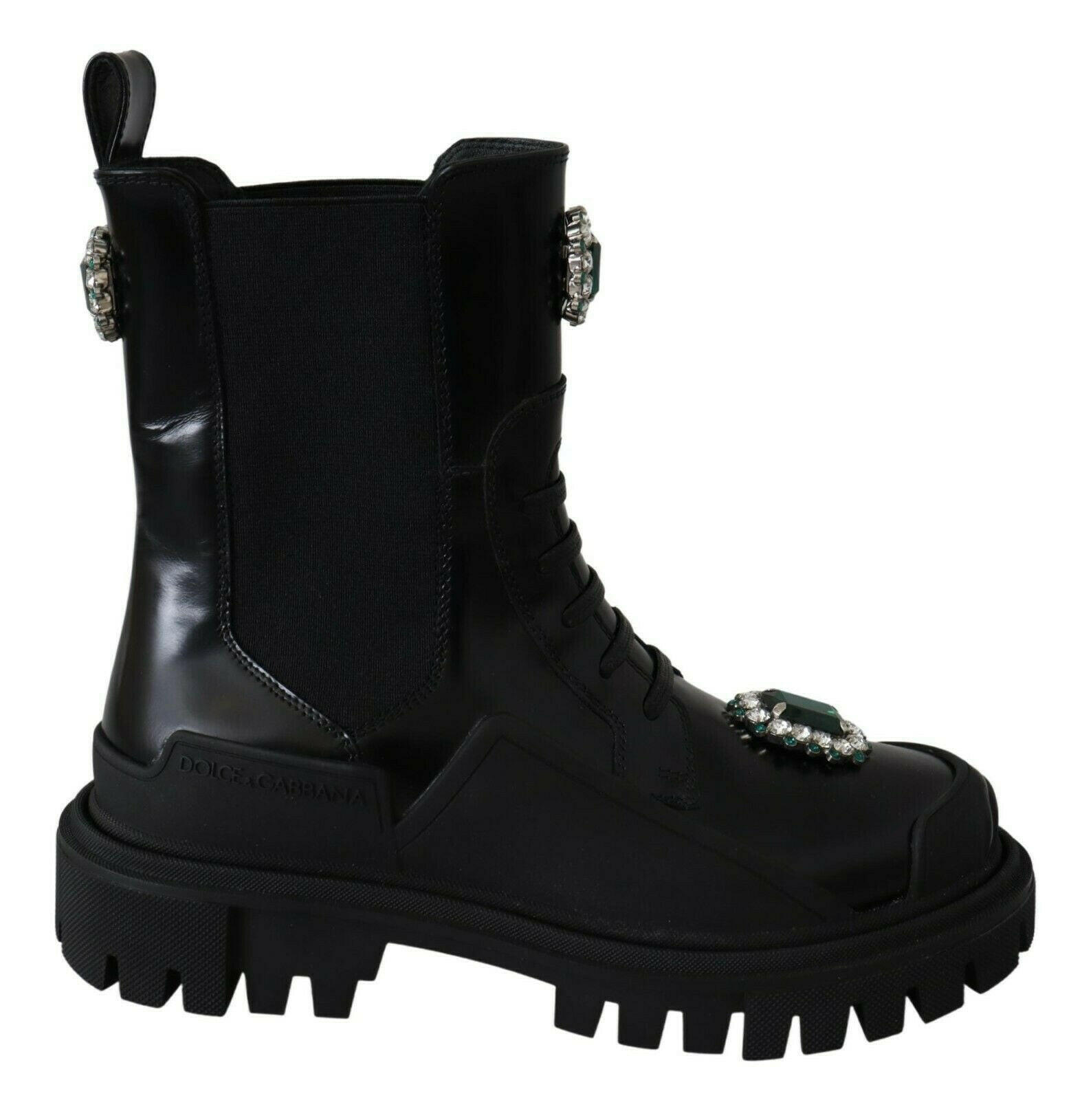 Dolce & Gabbana Black Leather Crystal Combat Boots -   -  Dolce & Gabbana.