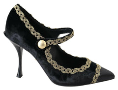 Dolce & Gabbana Black Velvet Gold Mary Janes Pumps -   -  Dolce & Gabbana.