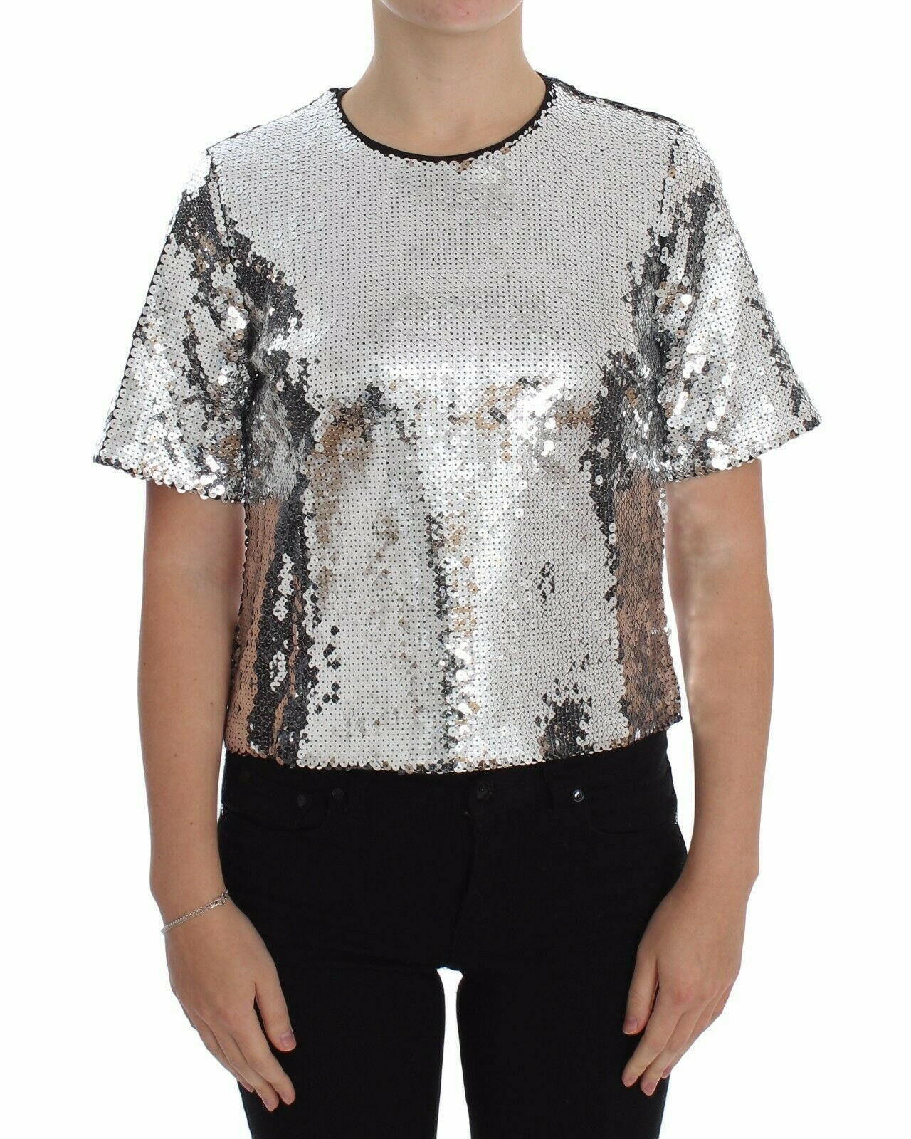 Dolce & Gabbana Silver Sequined Crewneck Blouse T-shirt Top -   -  Dolce & Gabbana.
