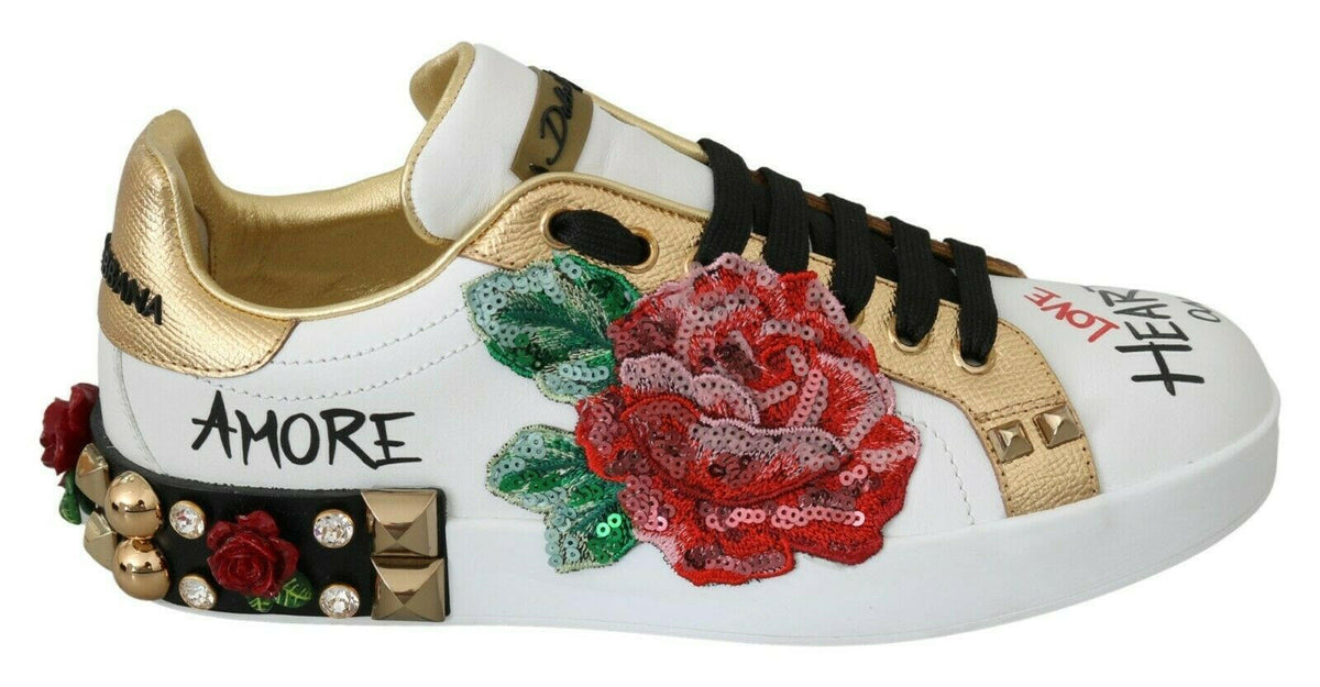 Dolce & Gabbana White Roses Sequined Crystal Womens Sneakers Shoes -   -  Dolce & Gabbana.