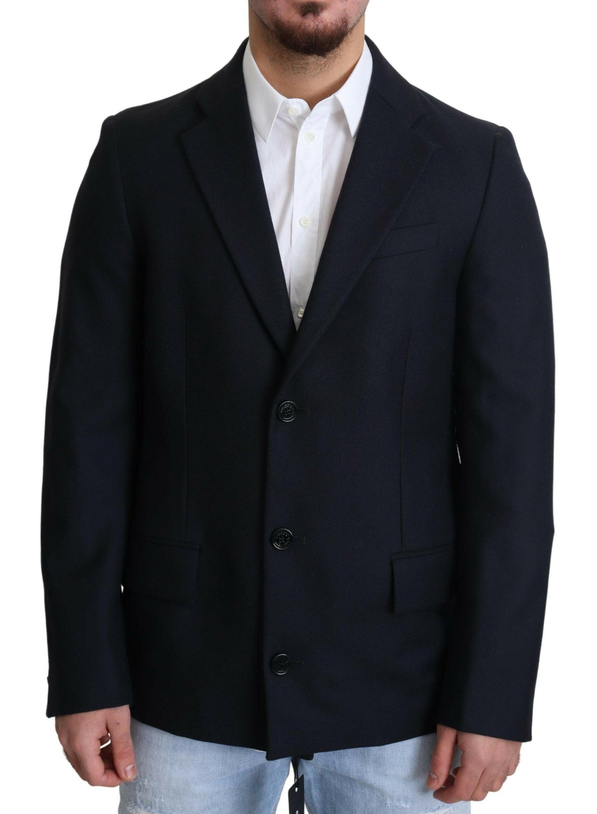 Dolce & Gabbana Dark Blue Wool Single Breasted Coat Jacket -   -  Dolce & Gabbana.