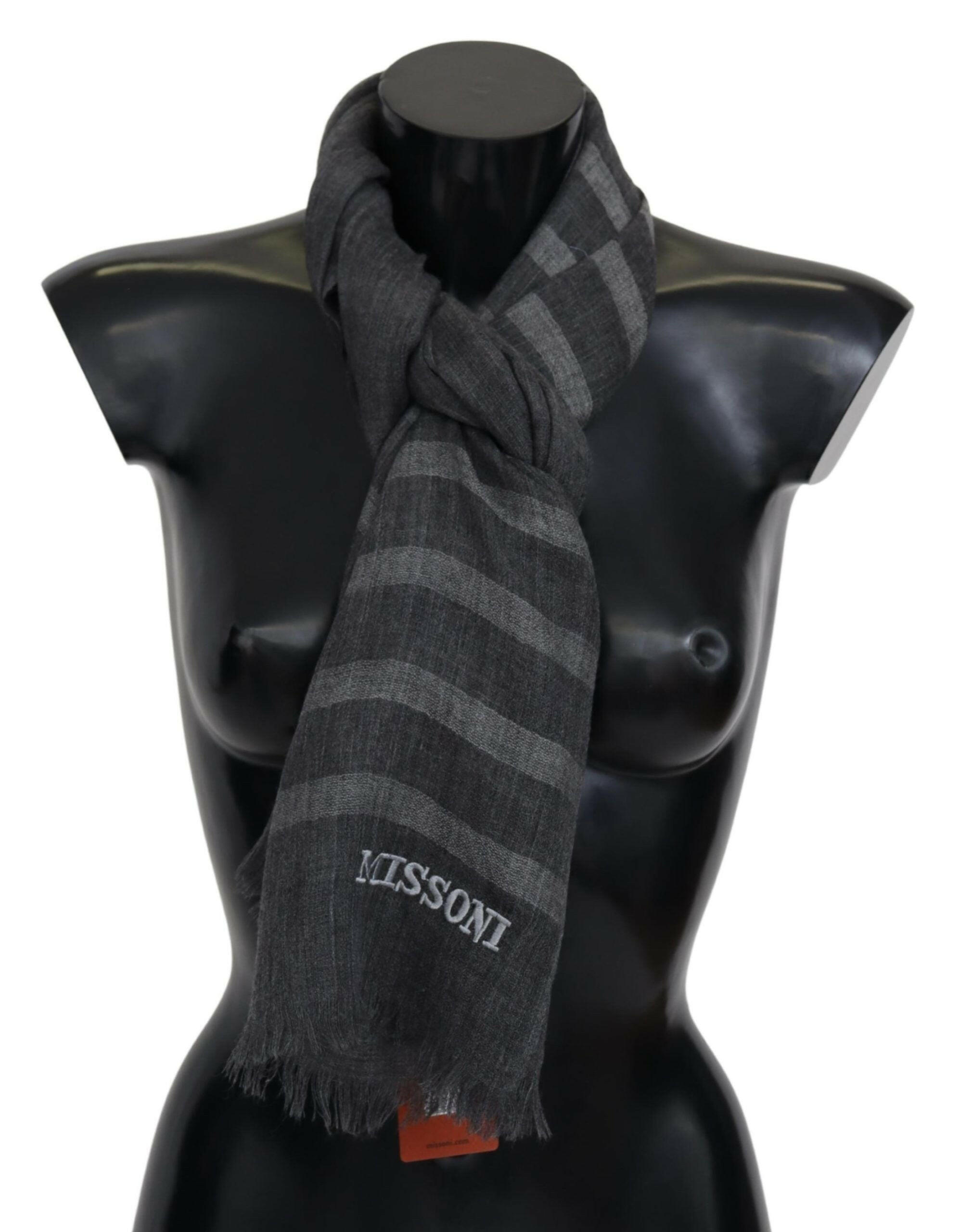 Missoni Gray Striped Wool Unisex Neck Wrap Fringes Scarf - - Missoni.