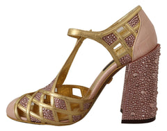 Dolce & Gabbana Pink Gold Leather Crystal Pumps T-strap Shoes -   -  Dolce & Gabbana.