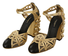 Dolce & Gabbana Black Gold Leather Studded Ankle Straps Shoes -   -  Dolce & Gabbana.