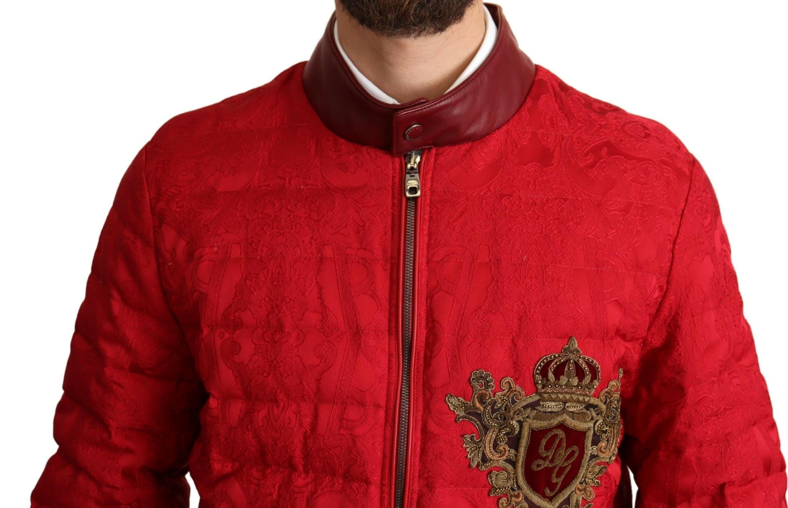 Dolce & Gabbana Red Brocade Bomber Gold Crown Logo Coat Jacket -   -  Dolce & Gabbana. Dolce & Gabbana Red Brocade Bomber Gold Crown Logo Coat Jacket -   -  Dolce & Gabbana.