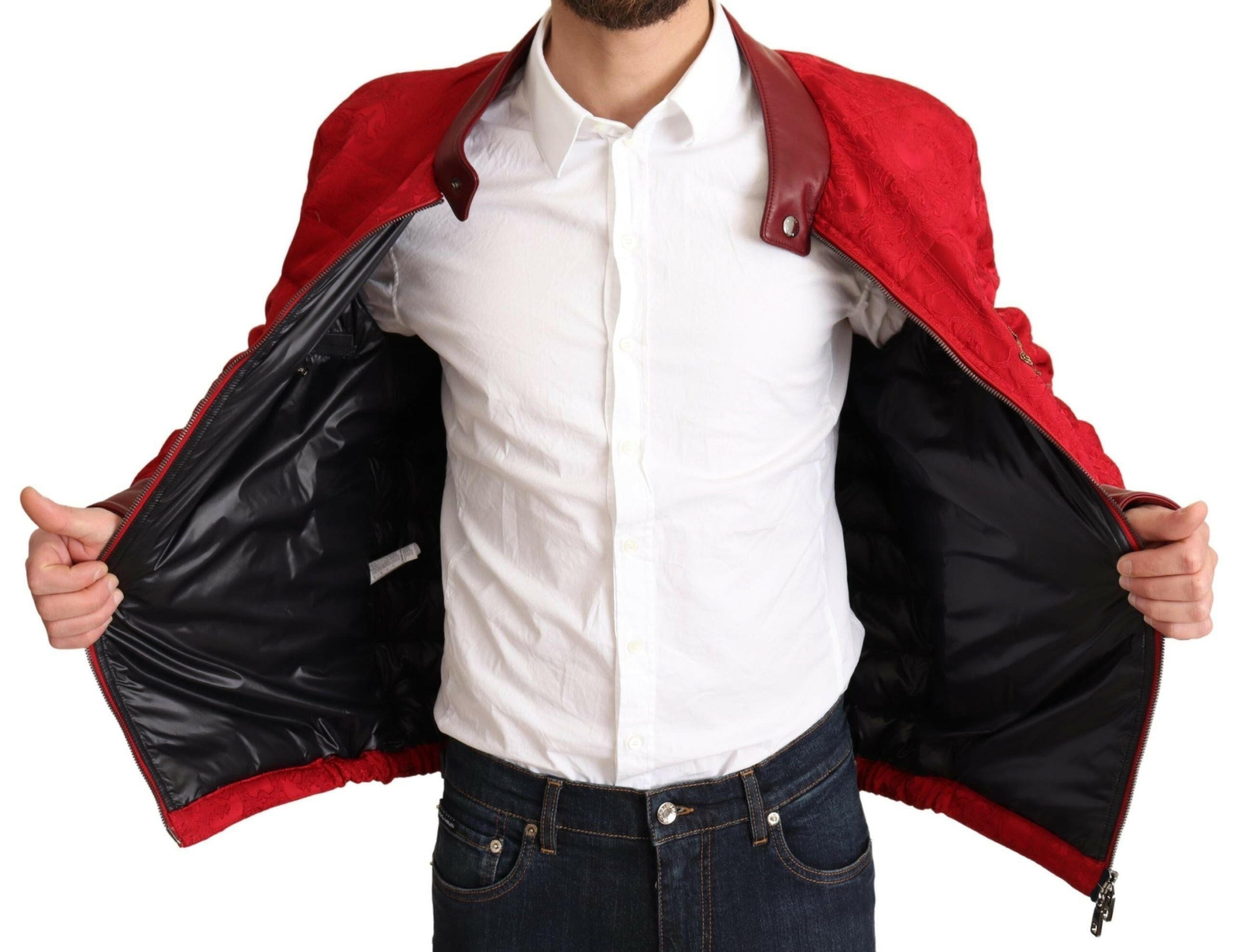 Dolce & Gabbana Red Brocade Bomber Gold Crown Logo Coat Jacket -   -  Dolce & Gabbana. Dolce & Gabbana Red Brocade Bomber Gold Crown Logo Coat Jacket -   -  Dolce & Gabbana.