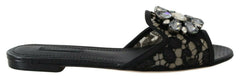 Dolce & Gabbana Black Taormina Lace Slides Crystals Flats Shoes -   -  Dolce & Gabbana.