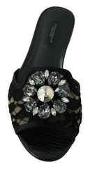 Dolce & Gabbana Black Taormina Lace Slides Crystals Flats Shoes -   -  Dolce & Gabbana.