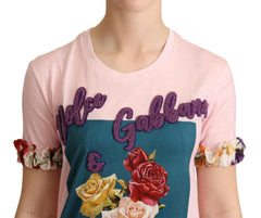 Dolce & Gabbana Pink Cotton Floral Roses Crewneck T-shirt -   -  Dolce & Gabbana.