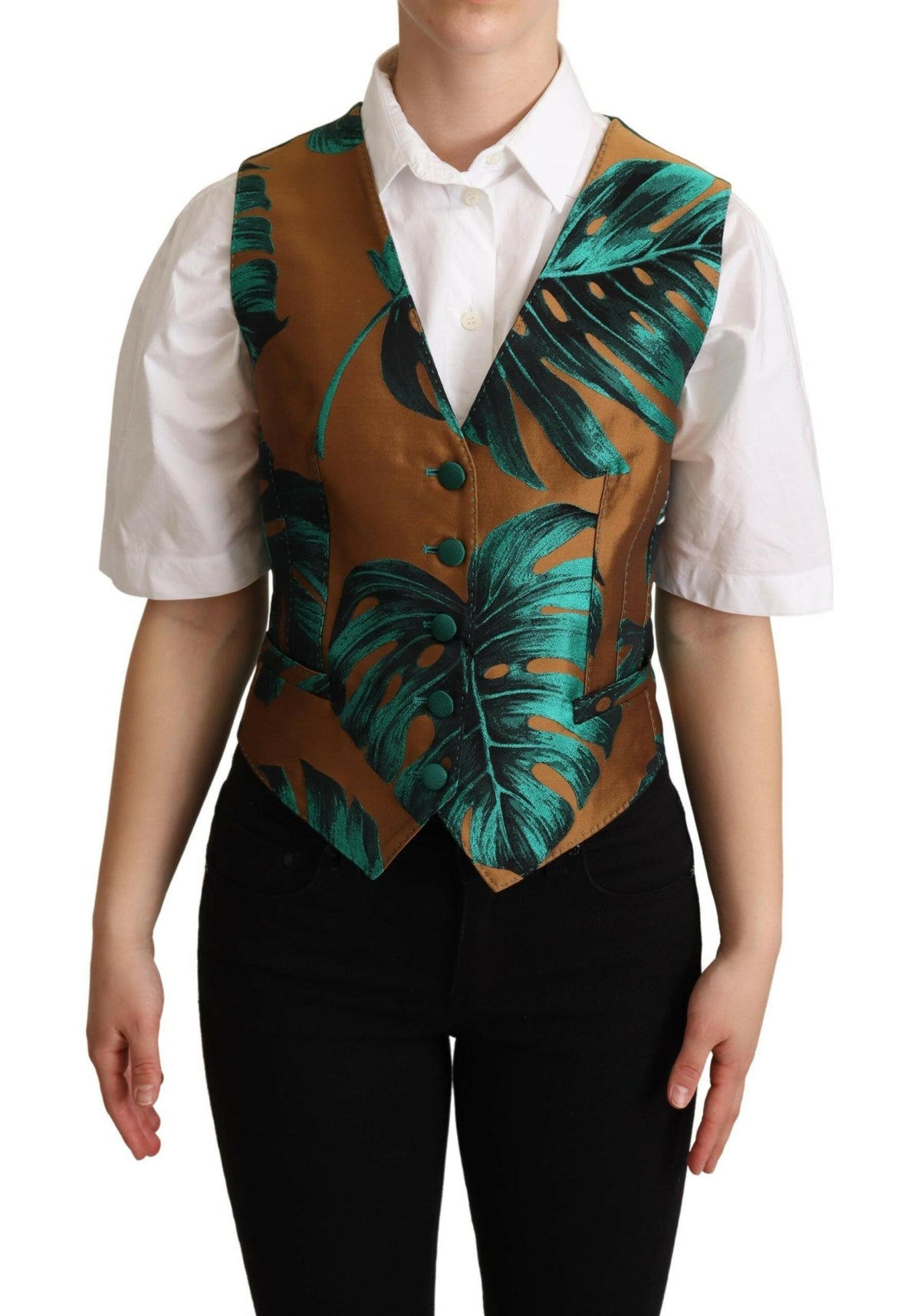 Dolce & Gabbana Green Jacquard Leaf Gold Waistcoat Vest -   -  Dolce & Gabbana.