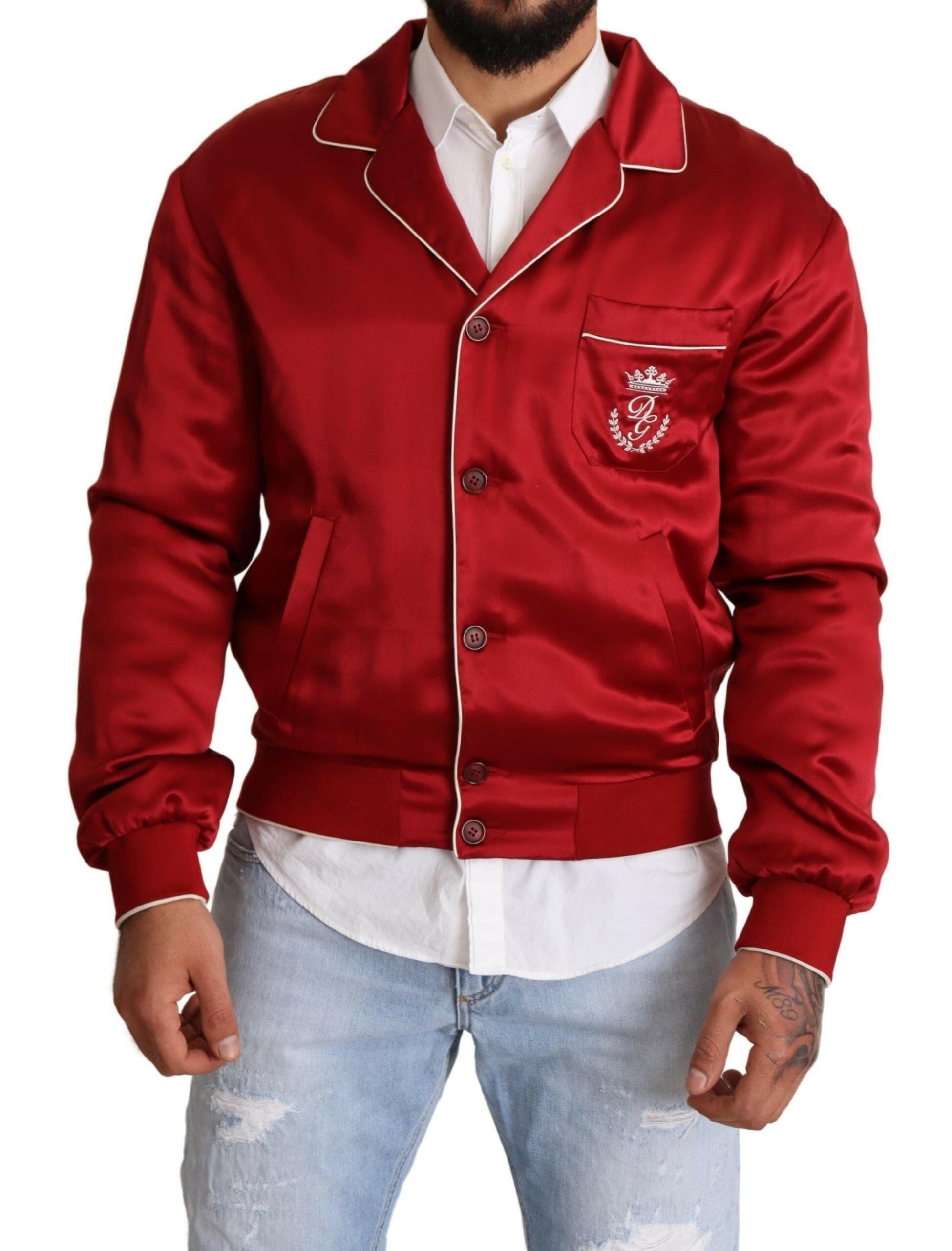 Dolce & Gabbana Red Silk Button DG Logo Bomber Jacket -   -  Dolce & Gabbana.