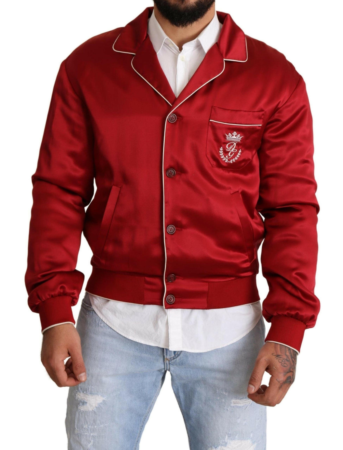 Dolce & Gabbana Red Silk Button DG Logo Bomber Jacket -   -  Dolce & Gabbana.