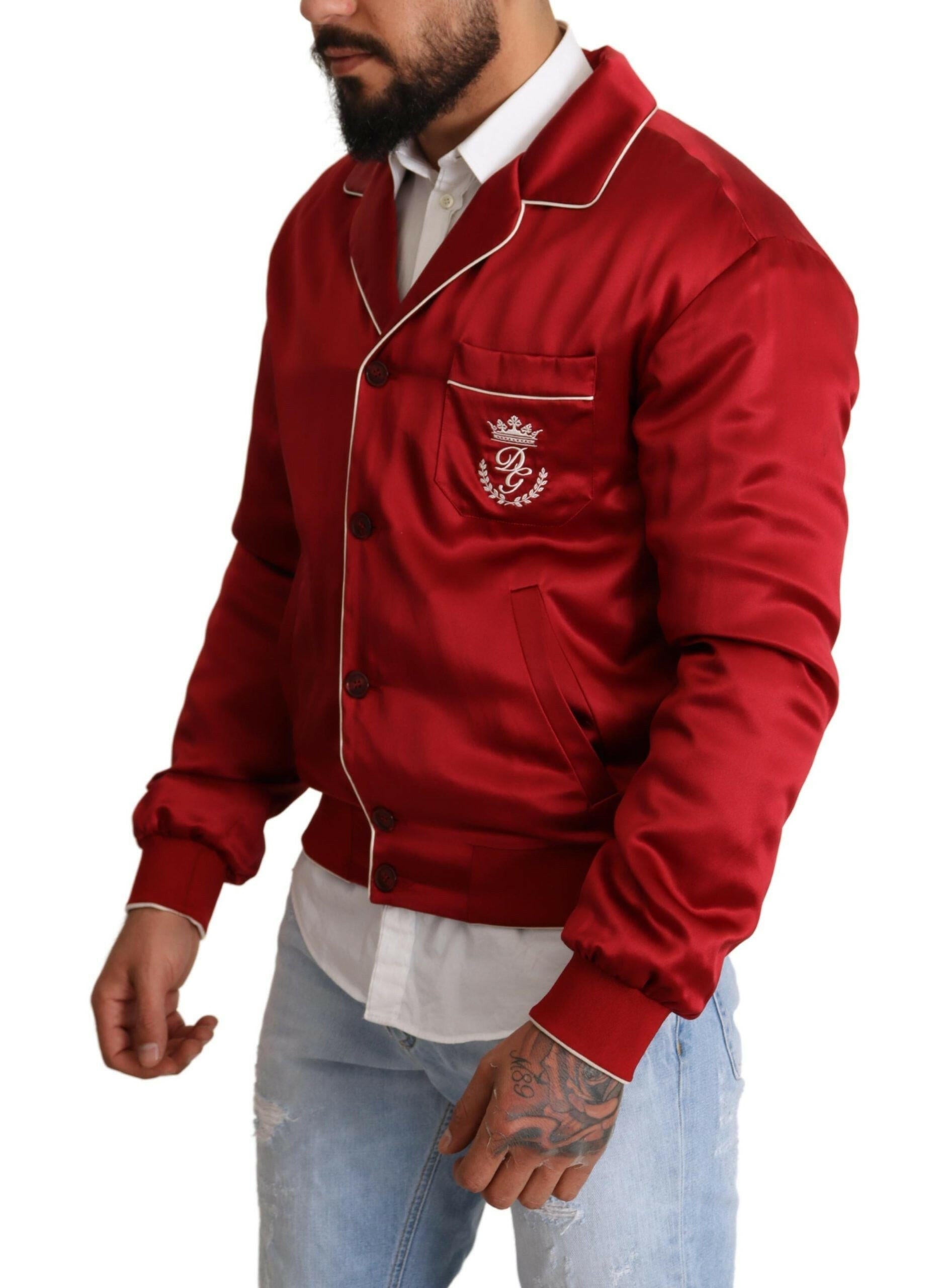 Dolce & Gabbana Red Silk Button DG Logo Bomber Jacket -   -  Dolce & Gabbana. Dolce & Gabbana Red Silk Button DG Logo Bomber Jacket -   -  Dolce & Gabbana.