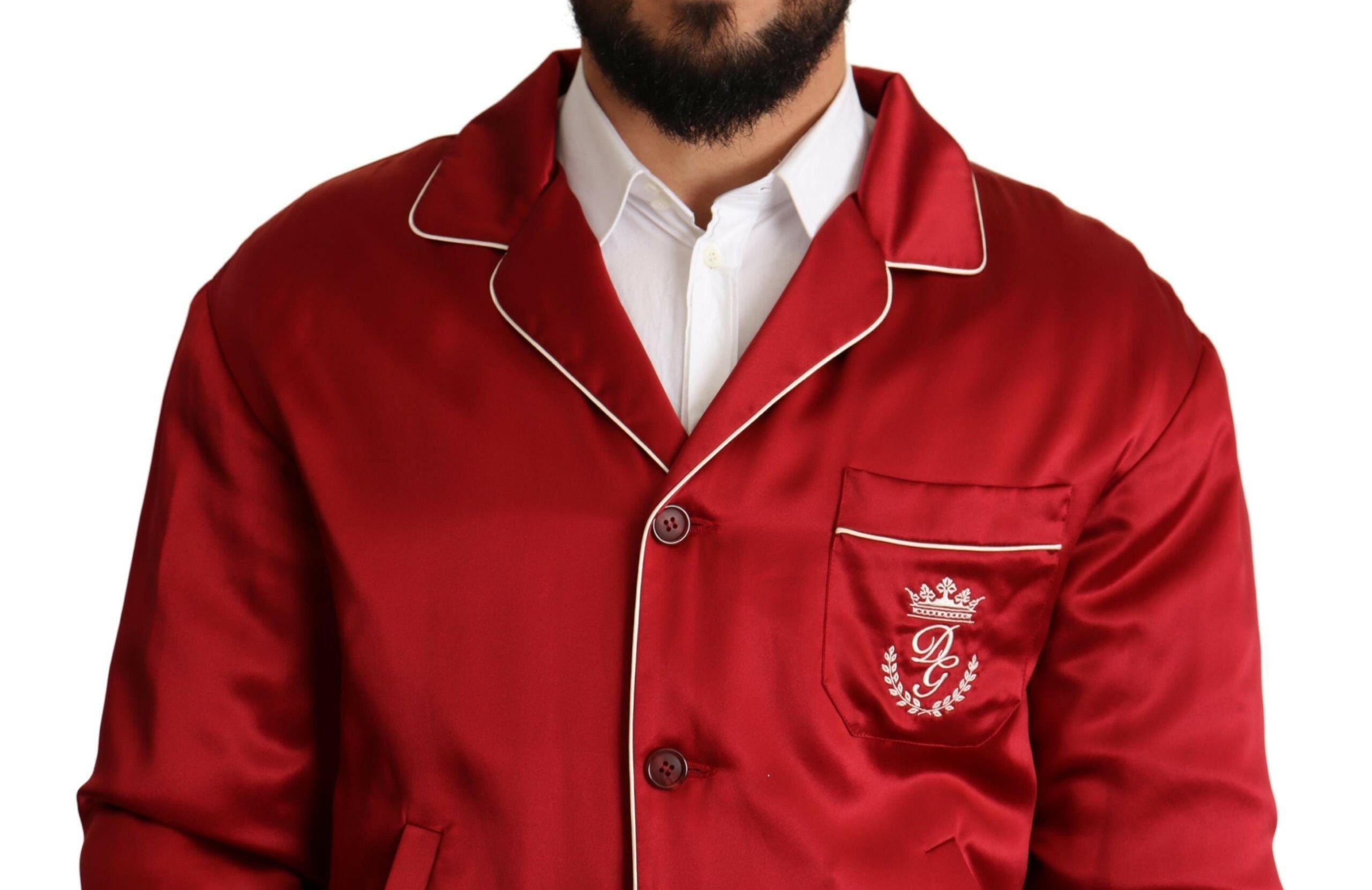 Dolce & Gabbana Red Silk Button DG Logo Bomber Jacket -   -  Dolce & Gabbana. Dolce & Gabbana Red Silk Button DG Logo Bomber Jacket -   -  Dolce & Gabbana.