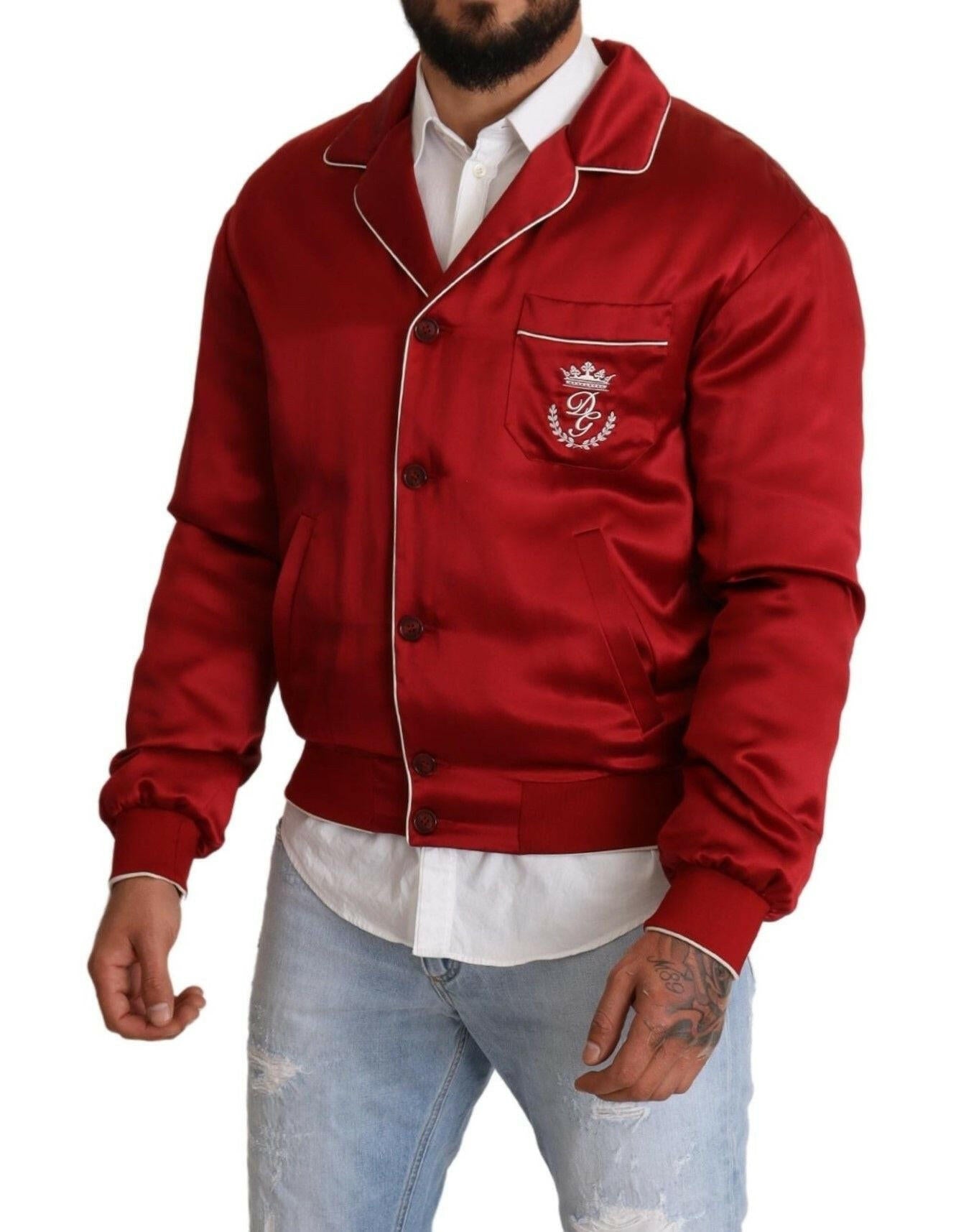 Dolce & Gabbana Red Silk Button DG Logo Bomber Jacket -   -  Dolce & Gabbana. Dolce & Gabbana Red Silk Button DG Logo Bomber Jacket -   -  Dolce & Gabbana.