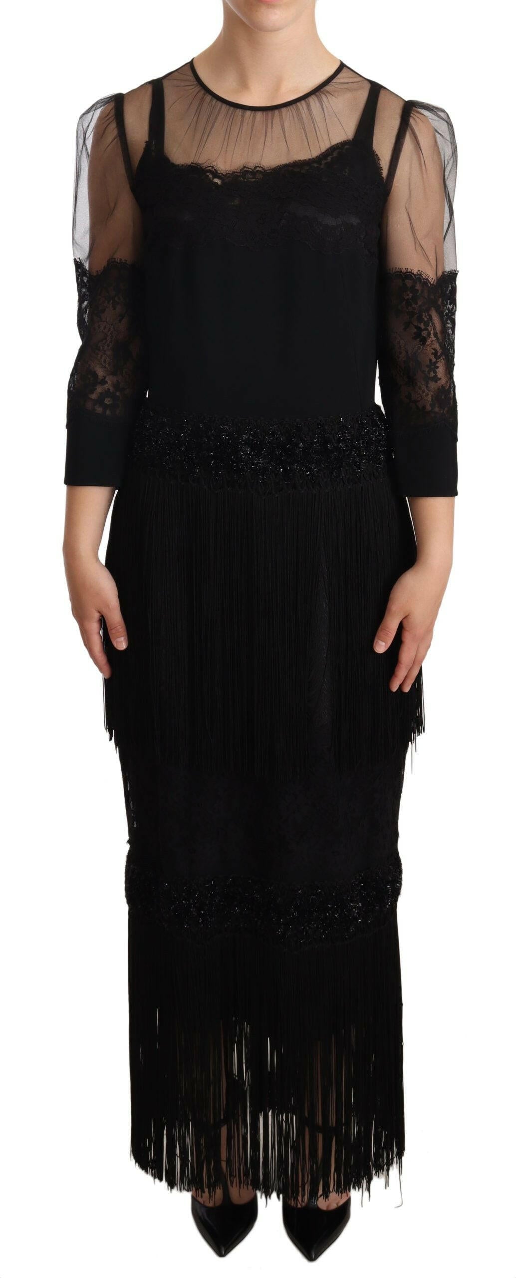 Dolce & Gabbana Black Sheer Floral Lace Crystal Maxi Dress -   -  Dolce & Gabbana.