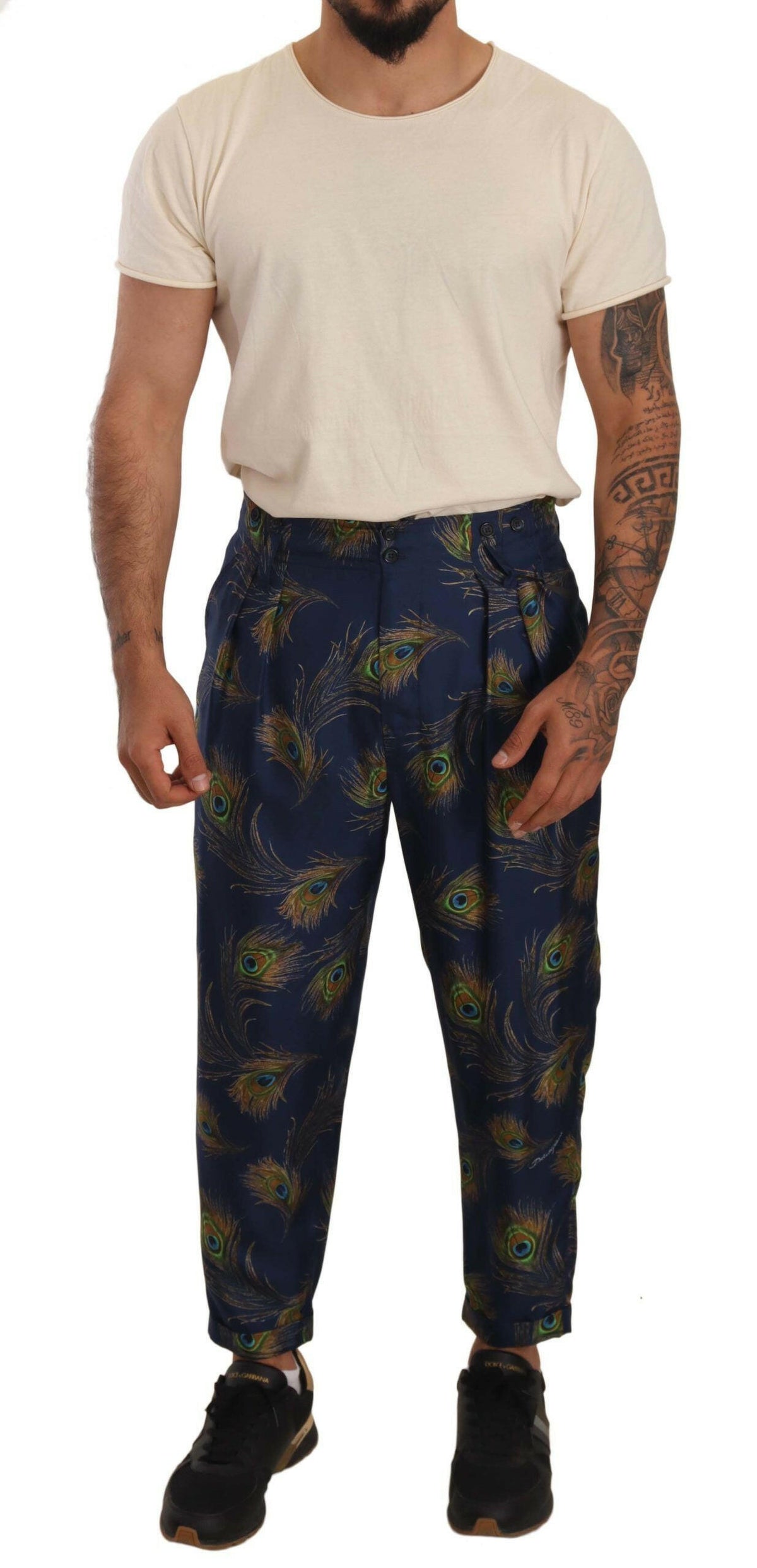 Dolce & Gabbana Blue Peacock Print Tapered Trousers Silk Pants -   -  Dolce & Gabbana.