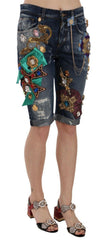 Dolce & Gabbana Blue Denim Mid Waist Crystal Capri Shorts -   -  Dolce & Gabbana.
