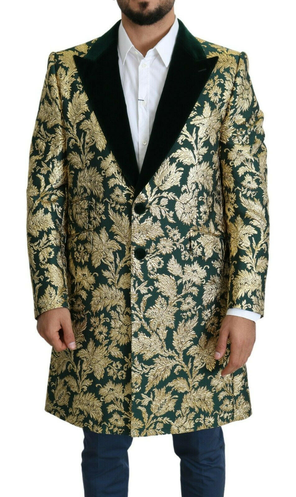 Dolce & Gabbana DOLCE & GABBANA Jacket SICILIA Green Gold Jacquard Long Coat -   -  Dolce & Gabbana.