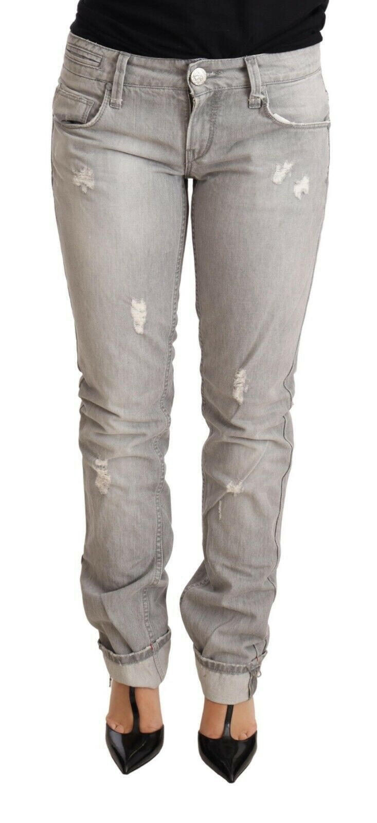 Acht Gray Tattered Cotton Slim Fit Folded Hem Women Denim Jeans -   -  Acht.