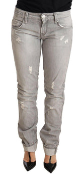 Acht Gray Tattered Cotton Slim Fit Folded Hem Women Denim Jeans -   -  Acht.