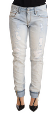 Acht Light Blue Distressed Cotton Folded Hem Denim Trouser Jeans -   -  Acht.
