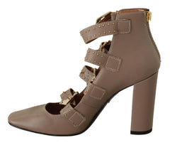 MY TWIN Brown Leather Block Heels Multi Buckle Pumps Shoes -   -  MY TWIN.