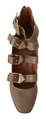 MY TWIN Brown Leather Block Heels Multi Buckle Pumps Shoes -   -  MY TWIN.